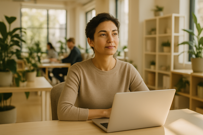 Professional sitting calmly at a modern office desk with an open laptop, looking into the distance