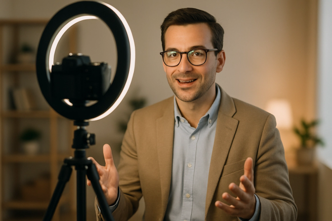 Professional speaking to a camera on a tripod in a clean, well-lit home studio setup