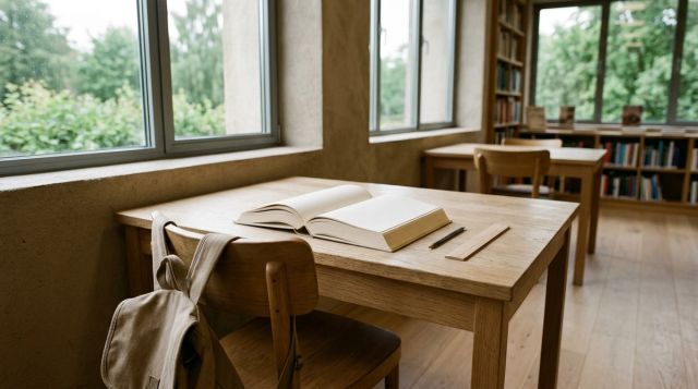 Et lyst skrivebord i et tomt klasserom med en åpen bok, blyant og en ryggsekk hengende på stolen.