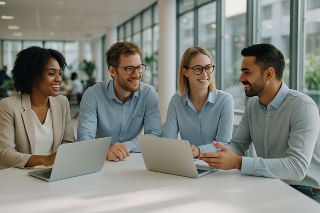 Diverse team of professionals collaborating around a conference table with laptops in a modern office
