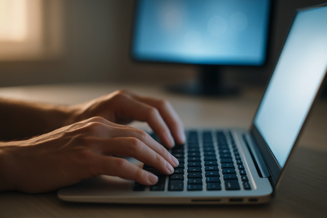 Hands typing on a laptop keyboard with a softly glowing monitor in the background