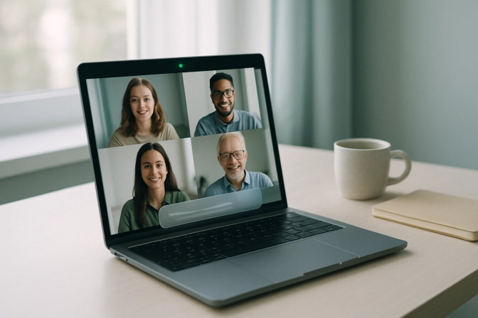 Laptop on a desk showing a video conference grid of participants with a subtle glowing AI indicator