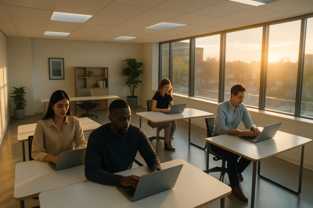 Diverse group of professionals working on laptops in a bright, modern open-plan office