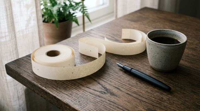 En blank papirstripe som kveiler seg utover et mørkt trebord ved siden av en fyllepenn.