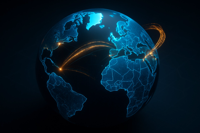 Glowing digital globe with data streams connecting Europe and North America against a dark background
