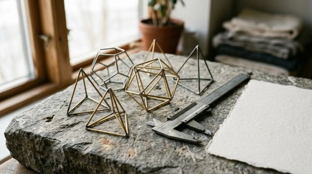 Tredimensjonale geometriske trådmodeller i messing og stål plassert på en steinplate ved siden av et skyvelære.