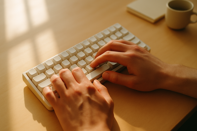 Person's hands typing on a minimal white keyboard on a clean wooden desk in soft natural light