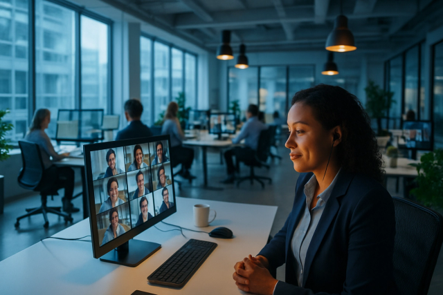 Professionals working in a bright modern open-plan office during video meetings on multiple screens