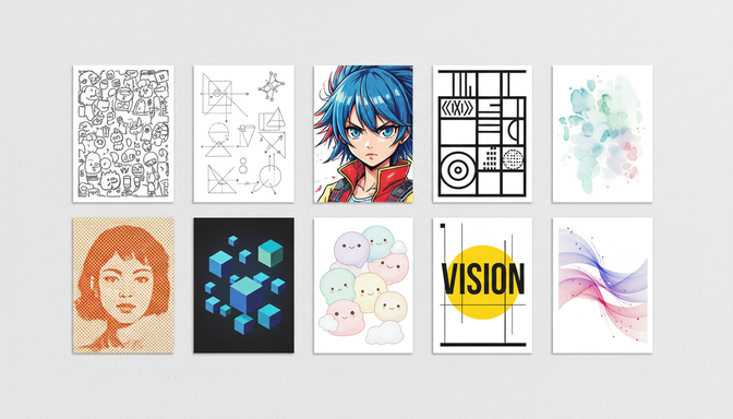 Ten printed cards showing diverse illustration styles arranged in a flat lay grid on a neutral surface
