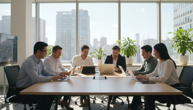 Diverse group of office professionals collaborating around a conference table with laptops and tablets