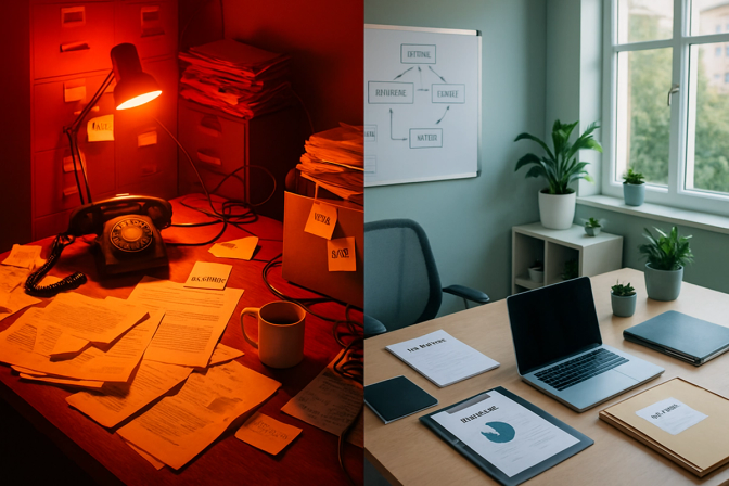 Rotete kontor sammenlignet med moderne arbeidsplass som viser digital transformasjon.