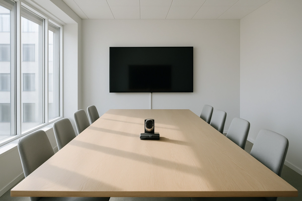 Minimalist Scandinavian conference room with a video conferencing camera on a light wood table facing a large display screen