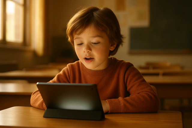 Young student sitting at a school desk reading aloud from a tablet in a warmly lit classroom