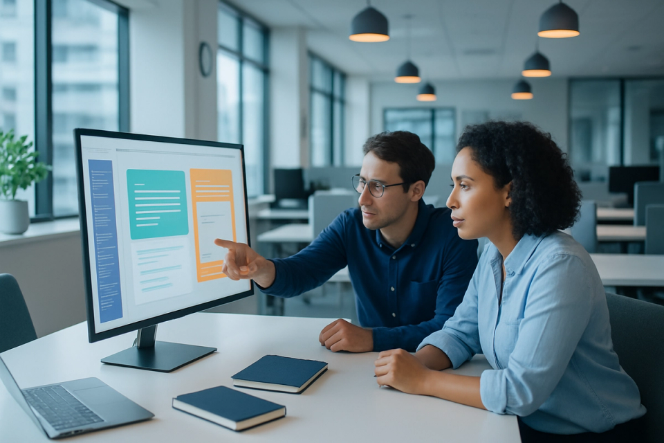 Two professionals collaborating at a large monitor in a bright modern open-plan office