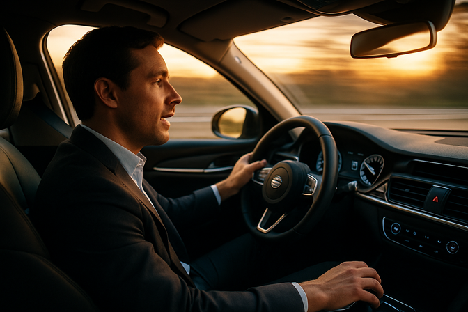 Driver with hands on steering wheel engaged in a hands-free conversation while driving on a highway