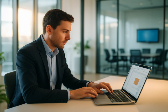 Professional working on a laptop in a modern open-plan office with a glass-walled conference room in the background