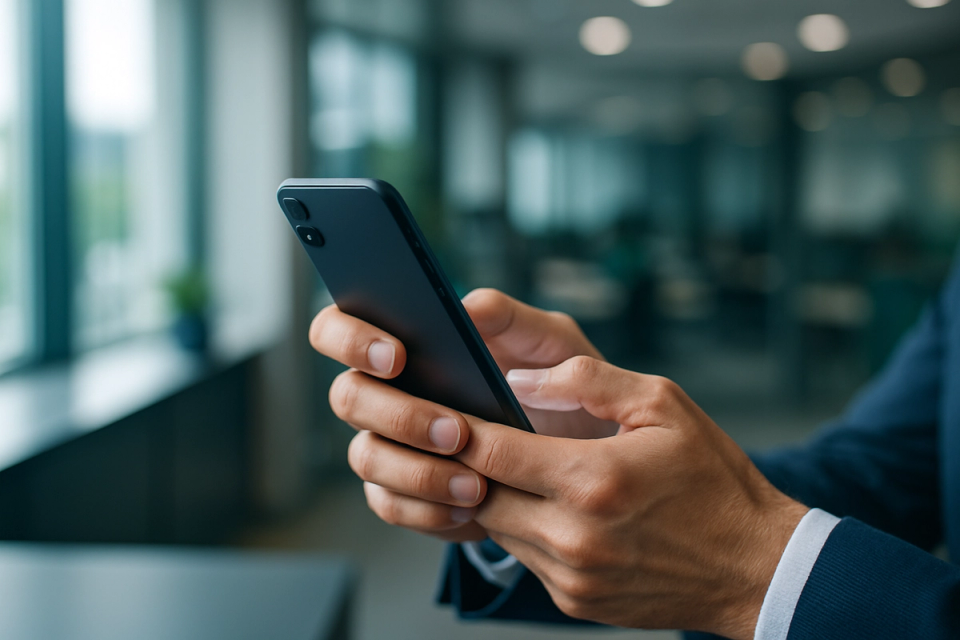 Professional hands holding a modern smartphone in a bright office environment
