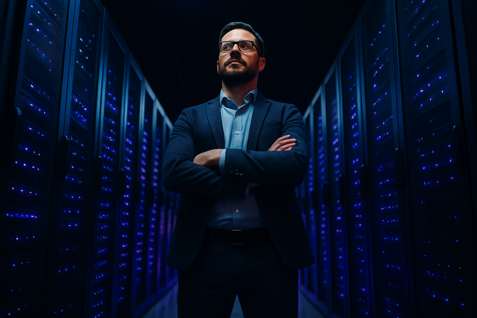 IT professional standing confidently in a server room corridor surrounded by glowing server racks