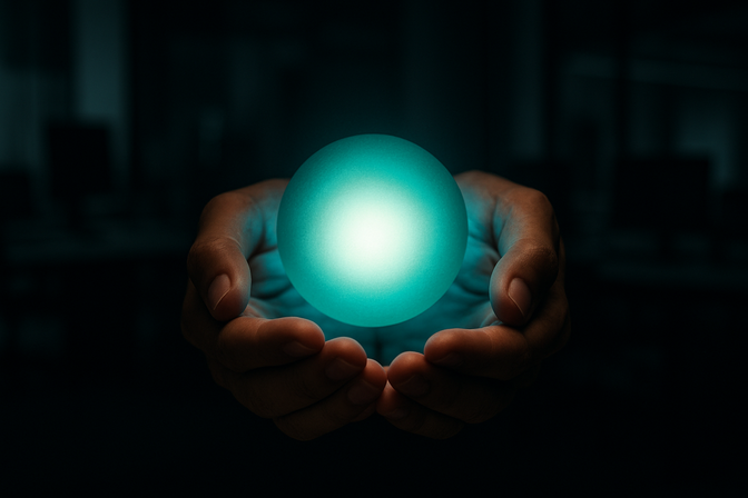 Two hands cupped protectively around a glowing orb of light in a dark office environment