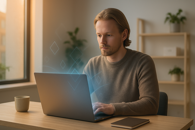 Professional working on a laptop at a minimalist Scandinavian desk with natural window light