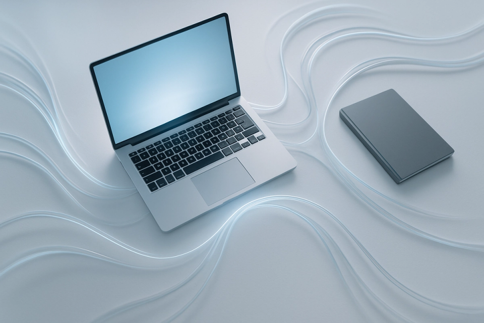 Aerial view of a minimalist white desk with an open glowing laptop surrounded by soft blue light trails