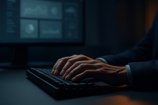 IT administrator's hands on a keyboard with a glowing control dashboard monitor in the background