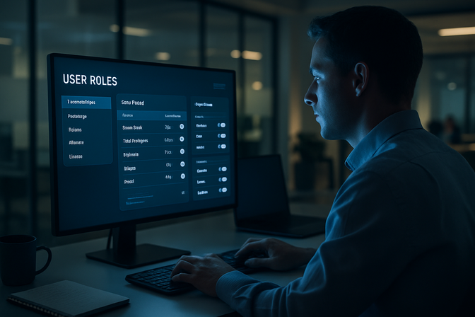 Administrator reviewing access settings on a monitor in a modern office, seen from over the shoulder