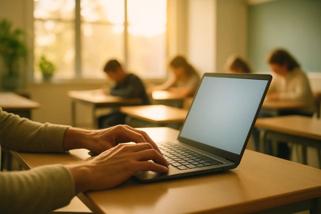 Teacher's hands on a laptop at a classroom desk with students working in the background