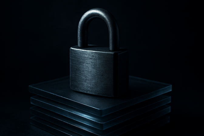 Heavy steel padlock resting on stacked semi-transparent acrylic panels, symbolizing layered data security