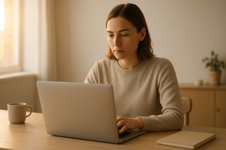 Professional working on a laptop at a clean, minimalist wooden desk near a large window