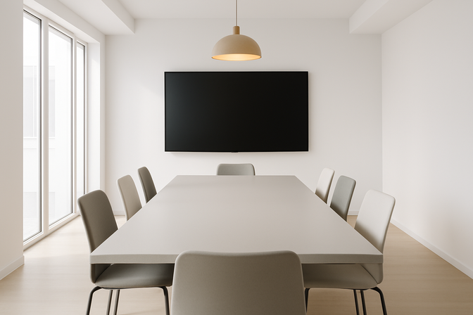 Empty minimalist meeting room with a large display screen, conference table, and neatly arranged chairs