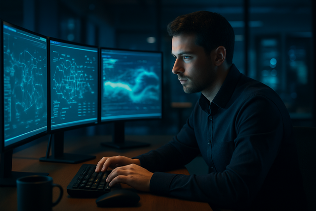 IT security administrator monitoring multiple screens at a modern workstation in a dimly lit office
