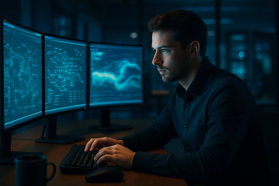 IT security administrator monitoring multiple screens at a modern workstation in a dimly lit office