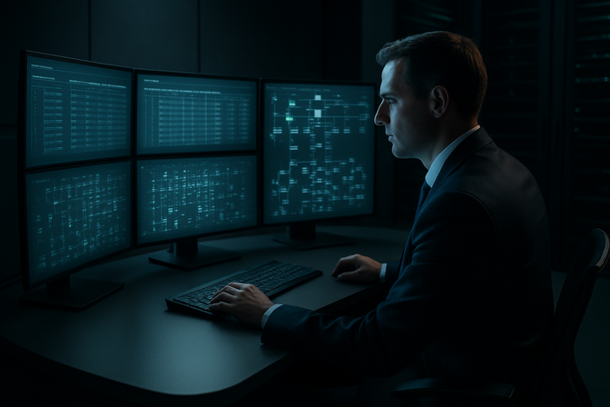 IT administrator reviewing multiple monitors displaying access control dashboards in a modern enterprise control center