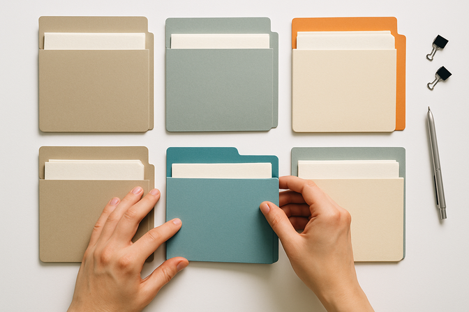 Hands organizing color-coded folders and documents on a clean white desk