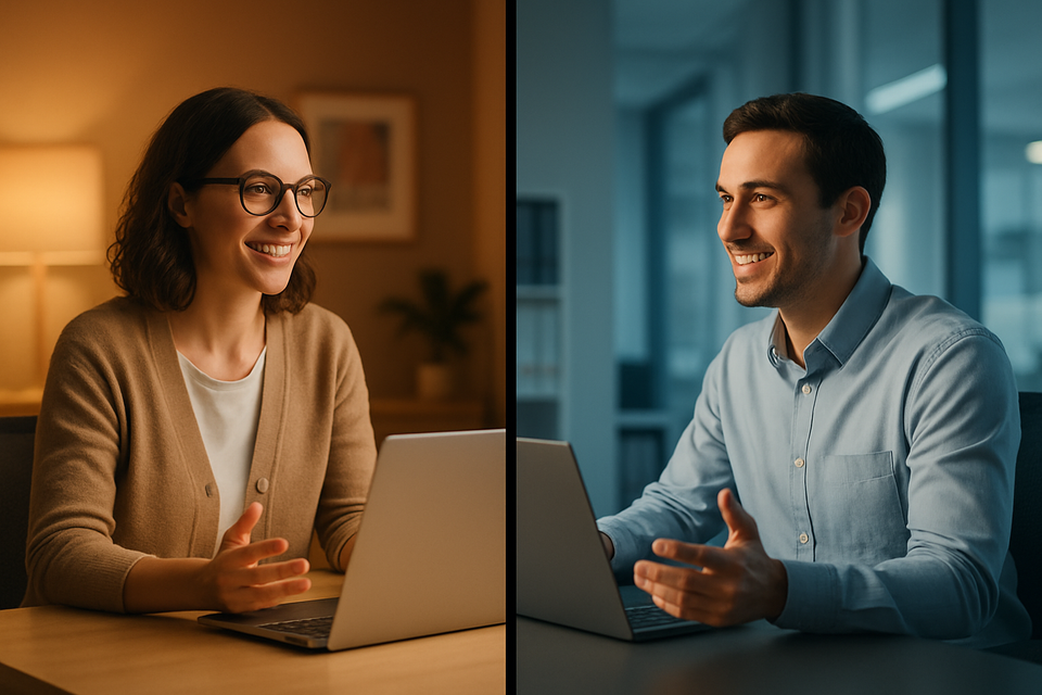 Two professionals working at separate desks in different office environments, collaborating across organizations