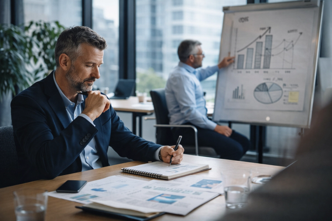 Forretningsleder noterer analyser ved skrivebord mens kollega presenterer vekstdiagram på flipover i moderne kontor.