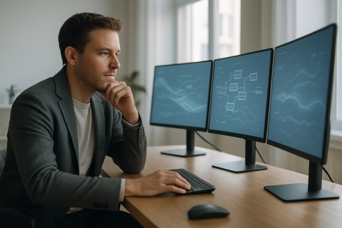 Mann analyserer data og AI-diagrammer på tre skjermer ved skrivebord.