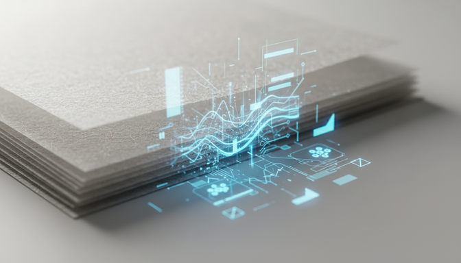 Translucent paper sheets transforming into glowing digital charts and diagrams