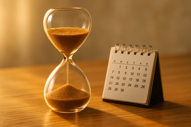 Sand hourglass with upper chamber more than half full placed beside a small calendar on a wooden surface