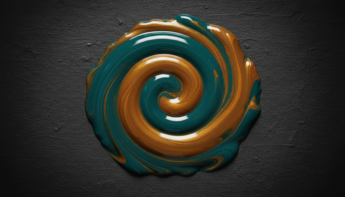 Two streams of teal and amber paint merging into a single unified current on a dark textured surface