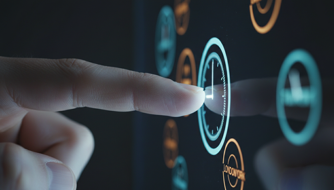 Finger pointing at a glowing digital screen with blurred clock icons and city names in the background