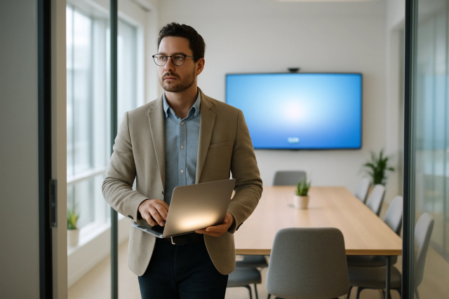 Professional walking into a modern glass-walled meeting room with laptop open, large display screen glowing on the wall ahead