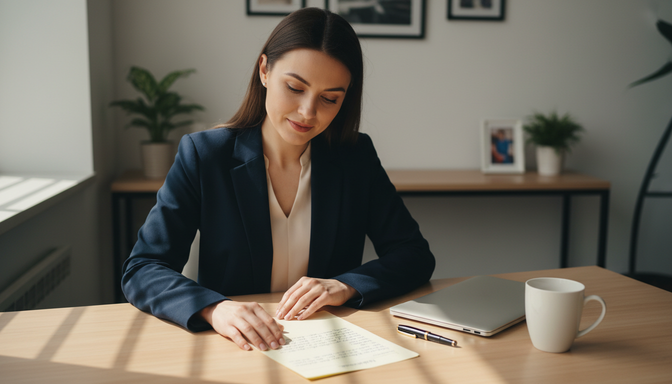 Business professional reviewing organized meeting notes at a tidy desk beside a closed laptop