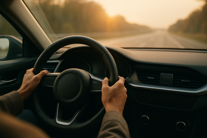 Driver's hands on a steering wheel with a blurred highway visible through the windshield in morning light