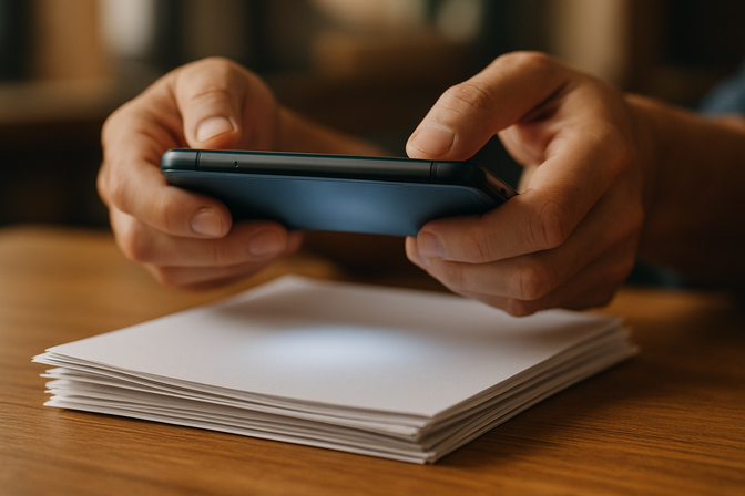 Hands holding a smartphone over a stack of white papers on a wooden desk, scanning multiple documents
