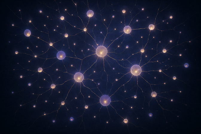 Abstract glowing neural network of interconnected nodes and golden threads on a dark cosmic background
