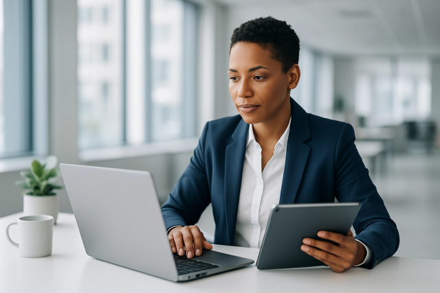 Professional working at a clean modern desk with laptop and tablet in a bright open-plan office