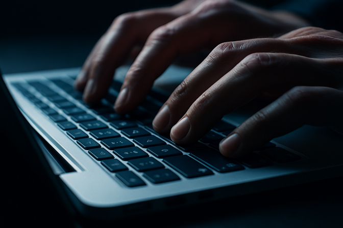 Hands typing on a MacBook keyboard with dramatic side lighting highlighting the keys