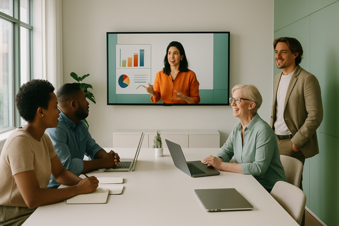 Diverse group of professionals in a modern conference room watching a video presentation on a large screen